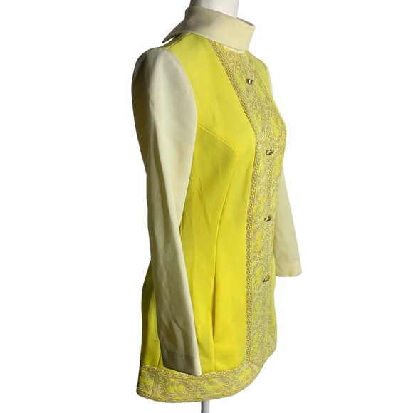 Vintage 60s 2 Piece Stretch Knit Pant Set S Yellow High Neck Pockets Zipper - Picture 4 of 13